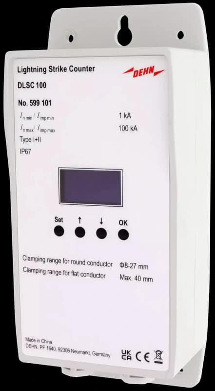 DEHN Lightning Strike Counter mounted on down conductor